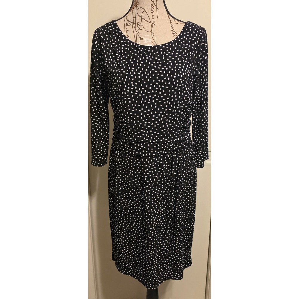 Ann Taylor Polka Dot Ruched Waist Sheath Dress Black White 3/4 Sleeve Size 10